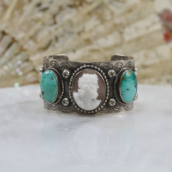 Jill Garber, CLASSICAL MYTHOLOGICAL CAMEO PORTRAIT CUFF WITH NATURAL TURQUOISE CABOCHONS