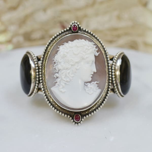 Jill Garber, WISDOM COLLECTION CUFF WITH MUSEUM QUALITY HAND CARVED HARD SHELL MEDUSA CAMEO, BLACK ONYX AND DEEP RED GARNET CABOCHONS
