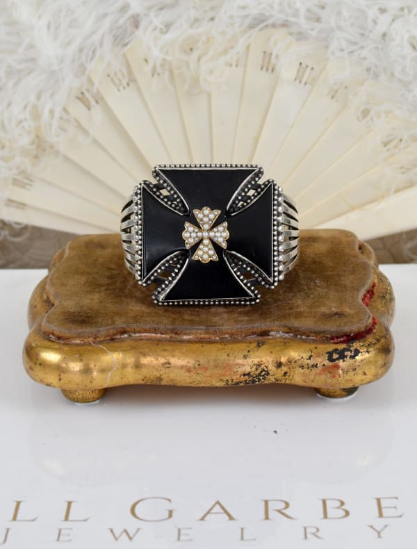 Jill Garber, A GRANDE NINETEENTH CENTURY BLACK JADE MALTESE CROSS HAS BECOME THIS MOST MAGNIFICENT CUFF BRACELET