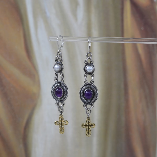 Jill Garber, FRESHWATER PEARL TOP WITH LARGE CENTER NATURAL AMETHYST CABOCHONS, GOLD VERMEIL OVER STERLING CROSS DROP EARRINGS.