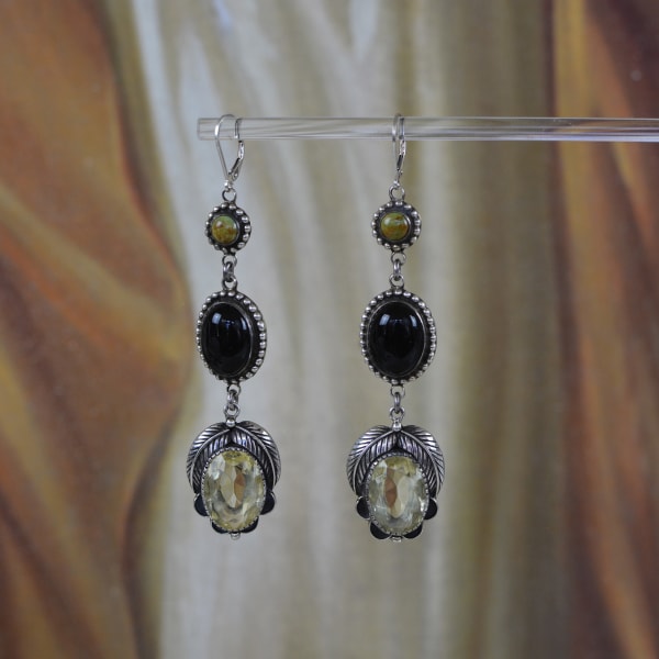Jill Garber, WISDOM COLLECTION DROP EARINGS WITH FEATHER FRAMED LEMON CITRINE AND NATURAL BLACK ONYX