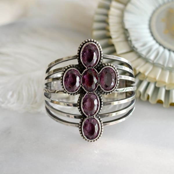 Jill Garber, Magnificent late 19th Century Art Nouveau bezel set amethyst French paste cross cuff bracelet in sterling silver