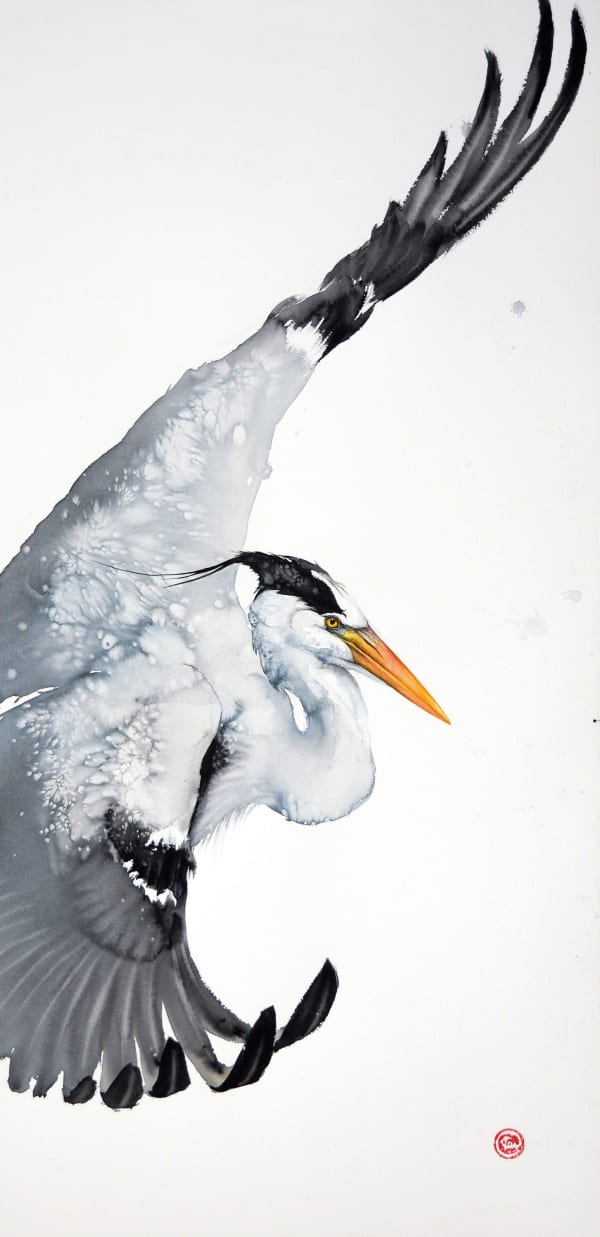 Karl Martens, Grey Heron Flying (Unframed)