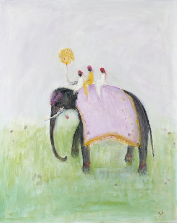 Ann Shrager, Three Mahouts on an Elephant II (Pink and Yellow)