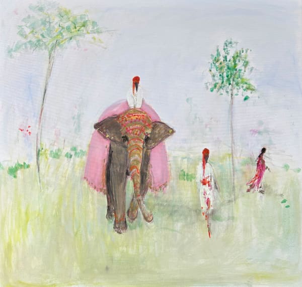 Ann Shrager, Elephant with Two Mahouts and Woman in Sari