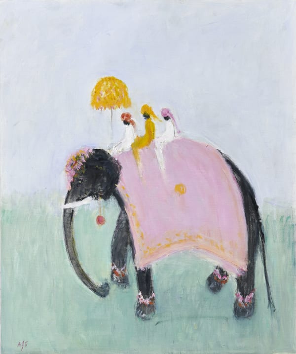 Ann Shrager, Three Mahouts on an Elephant (Pink and Yellow)