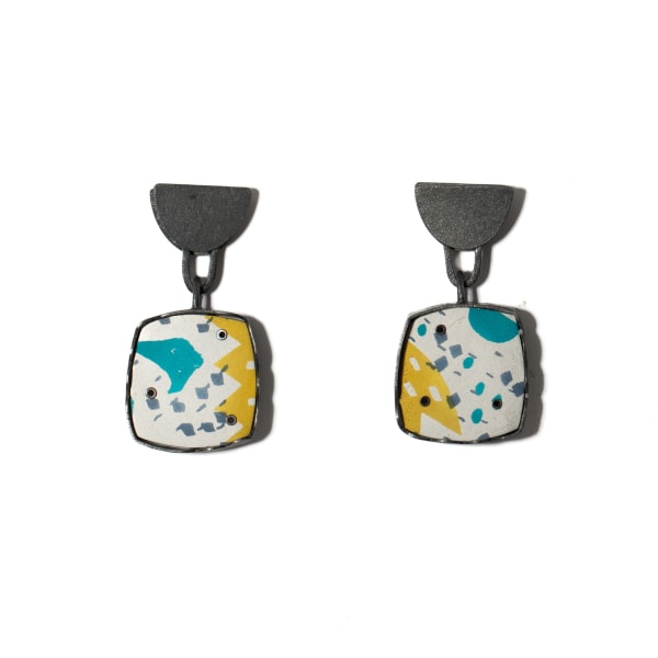 Lindsey Mann, Square Frame Drop Earrings- Teal + Yellow, 2024