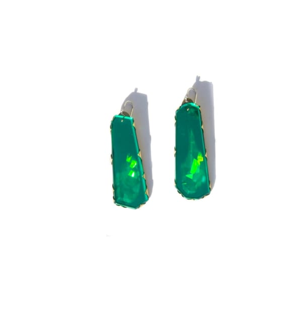 Nikki Couppee Neogem Drops Emerald, 2025 Acrylic, sterling silver, fine silver, brass, resin, laminate, faux silver/gold foil, plastic gems 1.75 x .75 x .25 inches