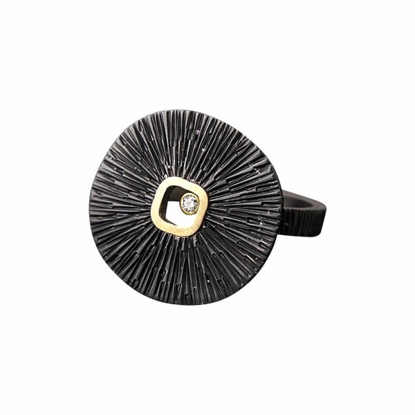 Susan Mahlstedt Oxidized Sand Dollar Ring, 2021 Oxidized sterling silver, .015 ct natural diamond, and 18k gold Sized: 6 1/2 - 7 1/2