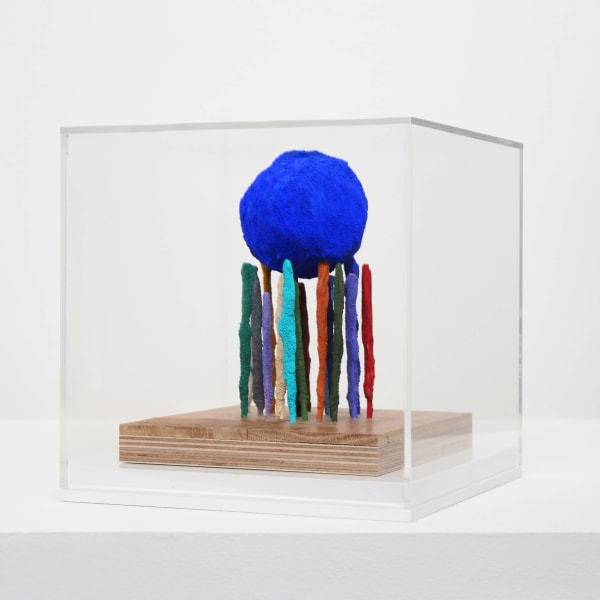 Annie Morris Bed of Colour, (Ultramarine Blue), 2025 Perspex cube, foam core, plaster, sand, pigment, wood, acrylic 20x20x20cm