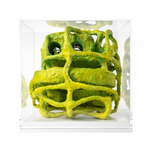 Olivia Bax Coorie , 2022 Perspex cube, aluminium wire, polystyrene, newspaper, household paint, PVA, UV resistant varnish 20x20x20cm