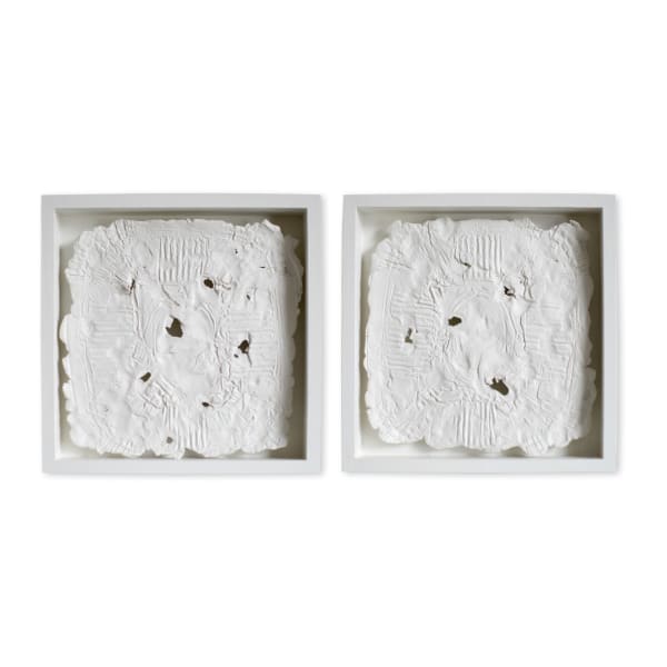 Liz Elton Takeaway (3), Face and Verso, 2024 Air Drying Clay on Painting Panels 20x20x3cm (each)