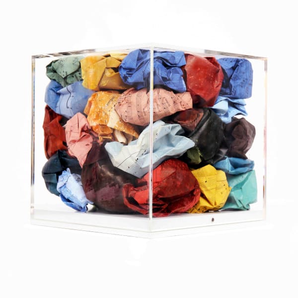 Idris Khan The Seasons Contained, 2025 Perspex cube, watercolour and oil on musical score, acrylic 20x20x20cm