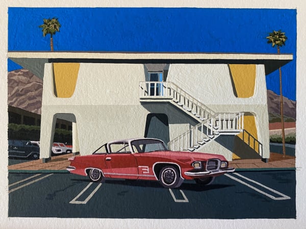 Andy Burgess, 1961 Chrysler Ghia 6.4L in front of the Palm Patencio Building in palm Springs , 2020