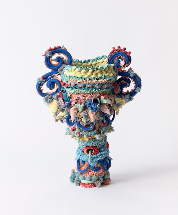 Ebony Russell, Polychrome urn with blue loopy handles, 2025