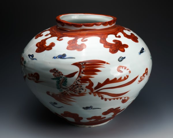 Tsuboshima Dohei 坪島 圡平, Large jar with phoenix design in Aka-e (red overglaze enamel), 2003
