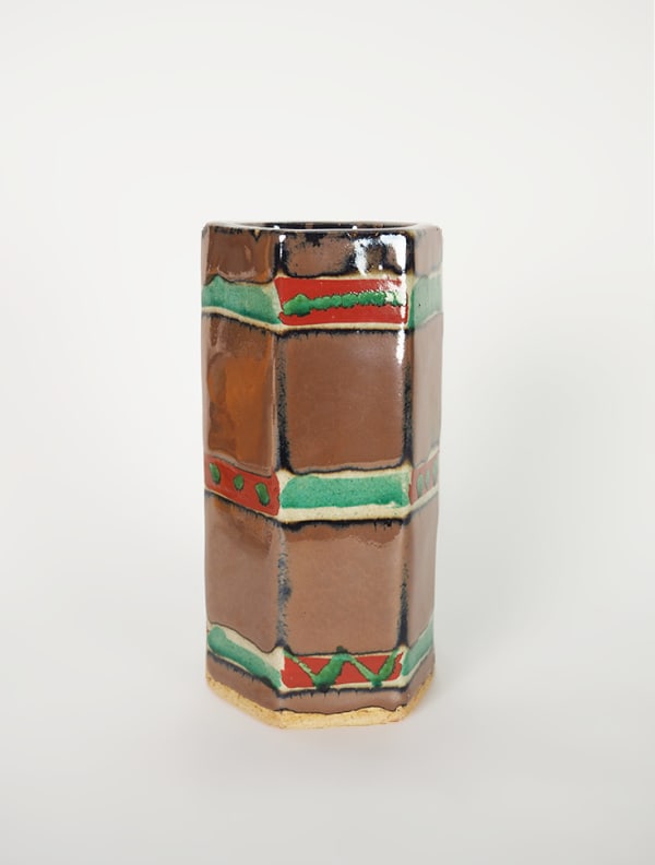 Hamada Shoji 濱田庄司, Persimmon glazed six-sided Vase 柿釉赤絵花生, 2010s