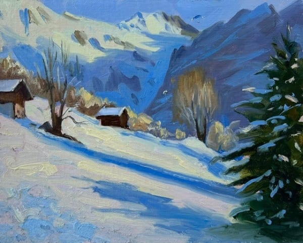 Sunlight on snow effect, paragliding in the valley