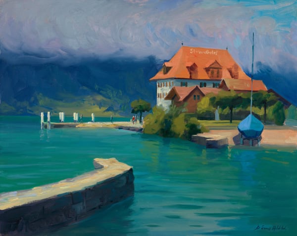 Stormy light on Lake Brienz, the blue boat at Iseltwald