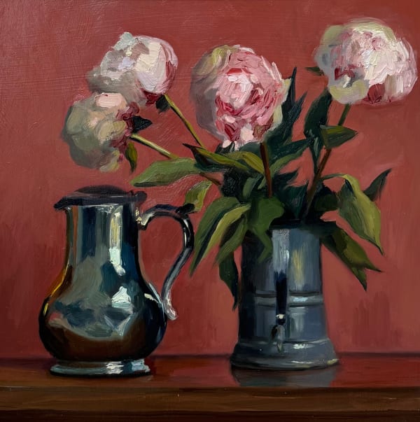 Peonies in Pewter and a silver jug at Rossetti