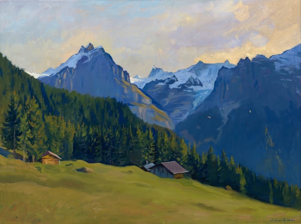 Paragliders in the valley, toward the Schrekhorn