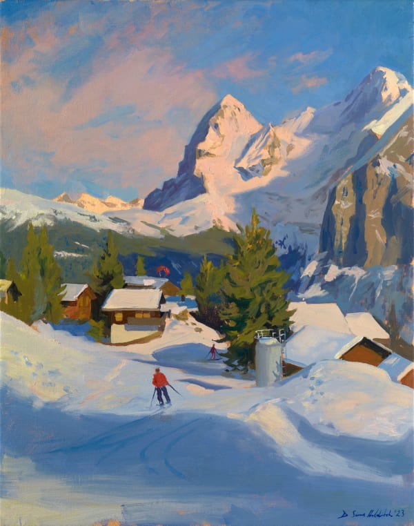 Pink evening light on the Eiger, toboggan run into Murren