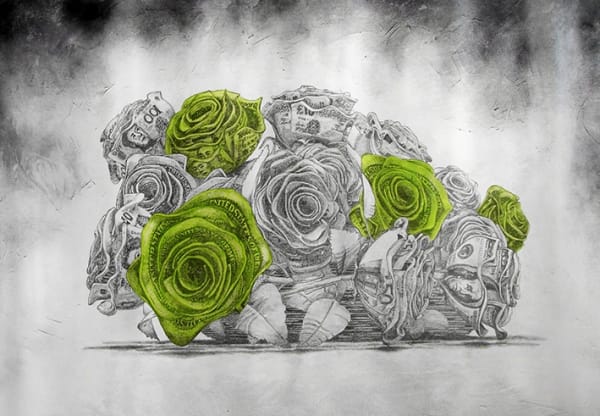 Ludovic Vernhet Power corruption and lies Mine, charcoal, oil painting and aerosol on canvas 151.5 X 98 cm 151.5 X 98