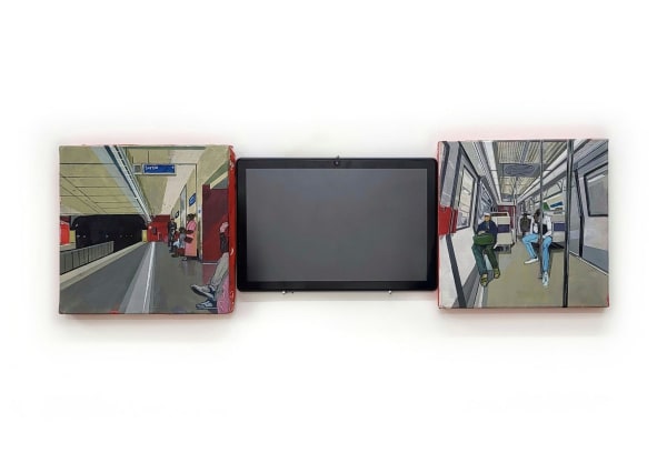 Rakajoo Quatre chemins, Parmi nous, 2024 acrylic and oil on canvas and video 20 x 20 cm 20 x 20 cm et un écran 12"