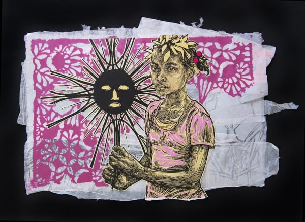 Swoon Edline Hand painted with silkscreen ink and acrylic gouache on handmade paper *Paper made by the artist 34 x 51 cm 13.5" x 20"