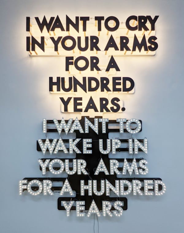 Robert Montgomery A Hundred Years, 2014 12 volts LED lights, birch wood, laminated birch wood and copper 190 x 137 cm 74 3/4 x 54 in Edition of 5 plus 2 artist's proofs