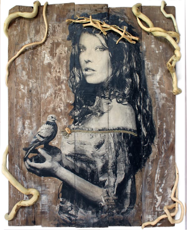 YZ Empress Gort, 2025 Black ink on silk paper on wood, metal, wood, inner tube 122 x 94 cm 48 x 37 in