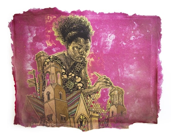 Swoon Neenee Hand painted with silkscreen ink and acrylic gouache on handmade paper *Paper made by the artist 50 x 60 cm 19.5" x 23.5"