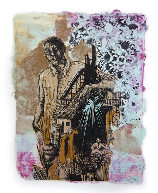 Swoon Braddock Steel Silkscreen and hand painted acrylics on handmade paper *Paper made by the artist 60 x 47 cm 24" x 18.5"
