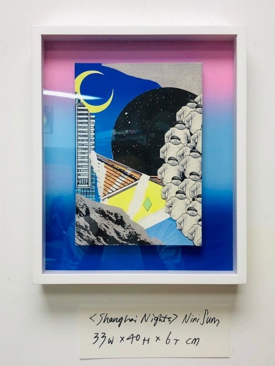 Nini Sum Shanghai Nights Collage with screen prints on wood panel 40 x 33 x 6 cm