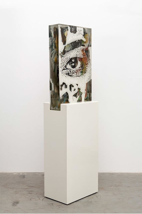 Vhils Petrifaction Series #05 Advertising posters, spray paint, glue, crystal epoxy 85 x 49.5 x 15 cm