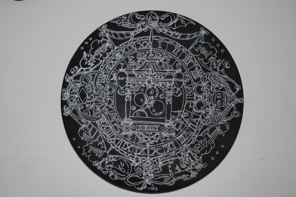 Nicolas Buffe Homo bulla (l'homme qui bulle) ink on wood 30 cm de diamètre