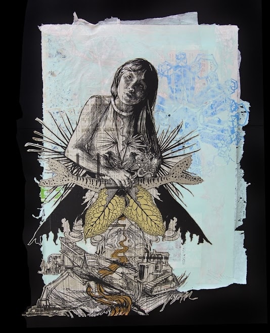 Swoon Kamayuara Hand painted with silkscreen ink and acrylic gouache on handmade paper *Paper made by the artist 68 x 54 cm 27" x 21"