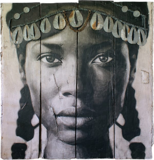 Yz Empress Aïssa, 2025 Black ink on silk paper on wood, metal, wood, inner tube 202 x 195 cm 79 1/2 x 77 in