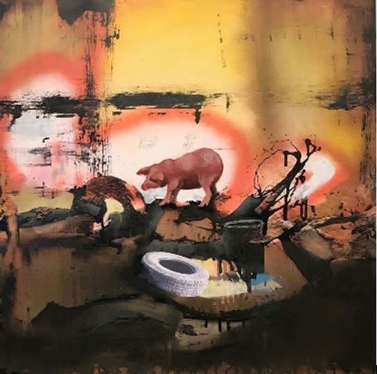 Marcus Jansen Pig With Target, 2017 Oil enamel, mixed media, collage on canvas 61 x 61 cm 24 x 24 inches