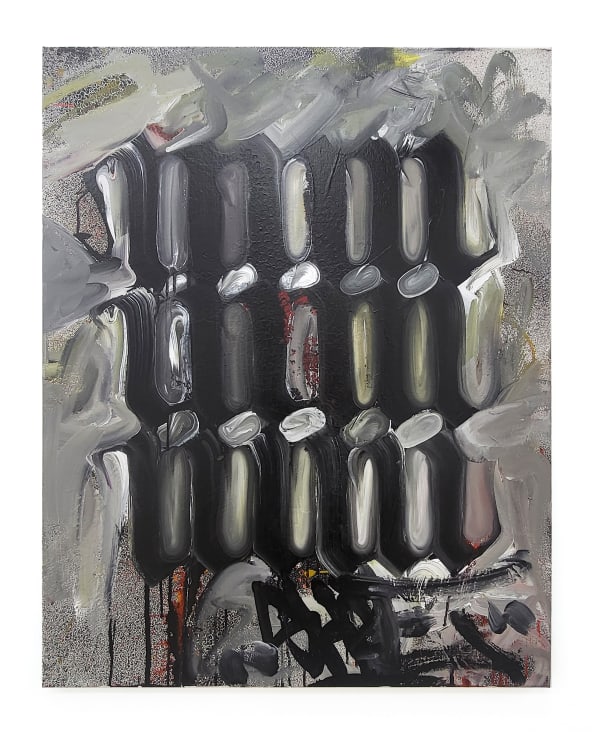 Niels 'Shoe' Meulman Justified scriptures (6x3) / Catacombs, 2025 Carbon ink and acrylic on cotton 95 x 75 cm 29 1/2 x 37 1/2 in