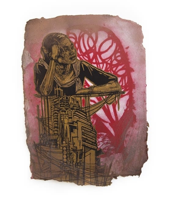 Swoon Bangkok pink Hand painted with silkscreen ink and acrylic gouache on handmade paper *Paper made by the artist 66 x 46 cm 25" x 18"