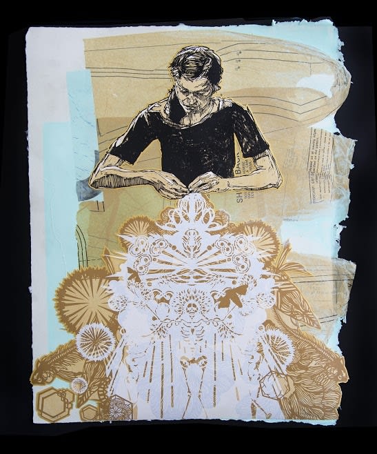 Swoon Alison the Lacemaker Hand painted with silkscreen ink and cotton paper pulp stencil on handmade jute paper 61 x 48 cm 24" x 19"