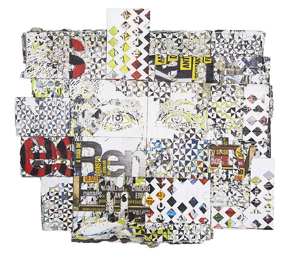 Vhils Vestiges 02 Advertising posters collected from the street, hand carved, laser cut, cut and assembled 218 x 192 cm