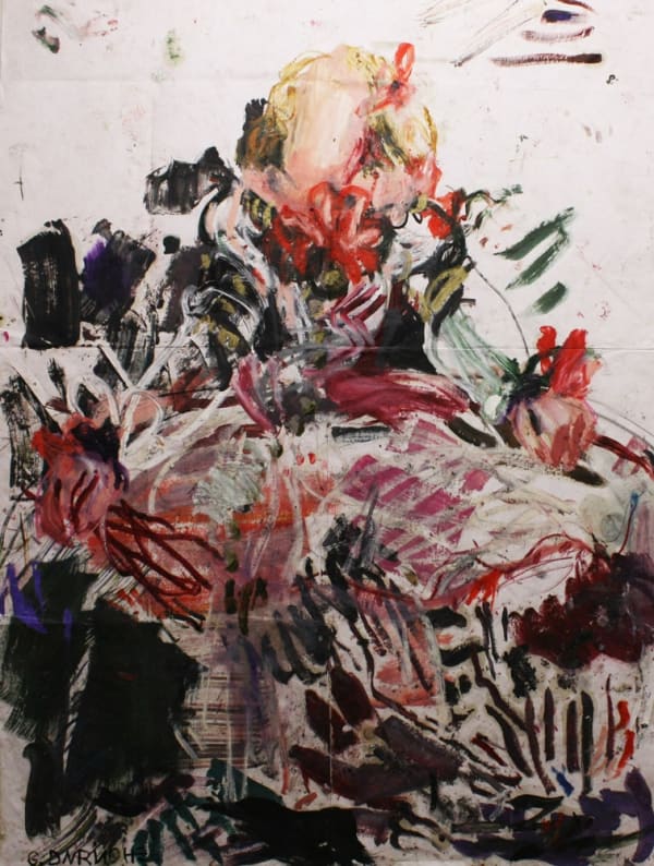 Gael Davrinche White velvet purple iron coins and deep red wax flowers, 2014 Oil on paper 192 x 145 cm