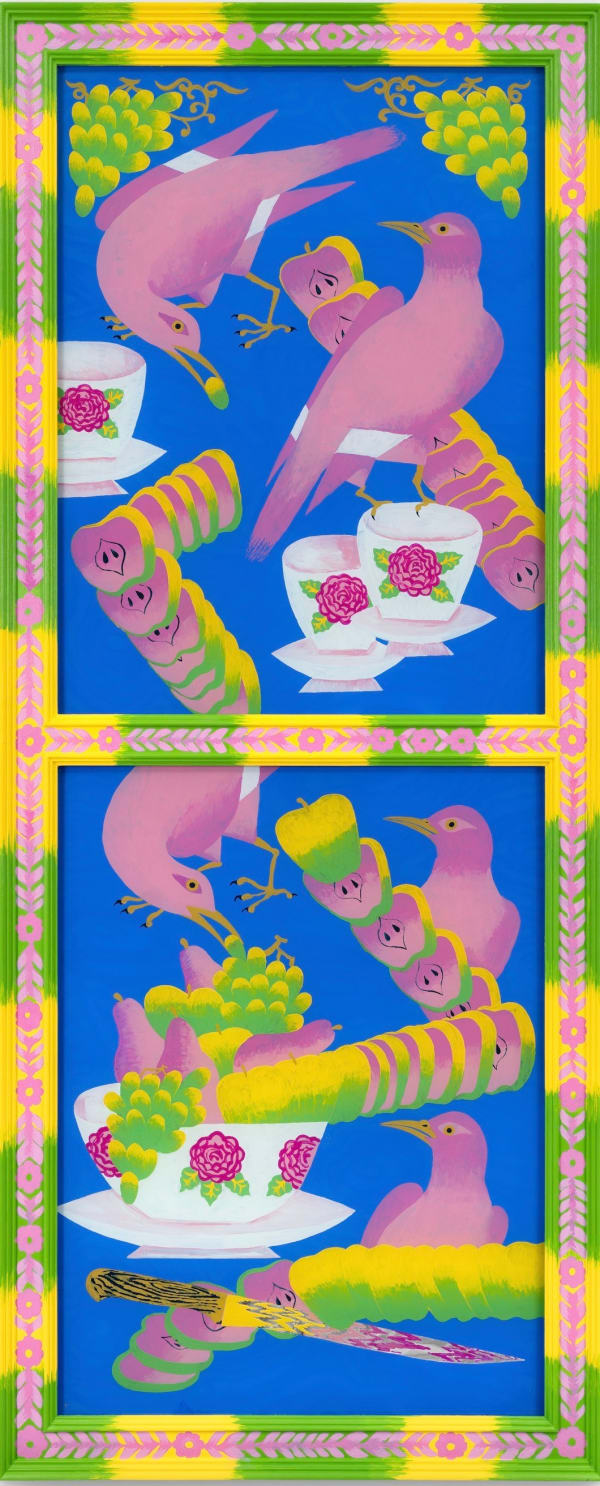 Iman Raad, Still Life With Green Apples, Cuts, a Knife, And Cups, 2022