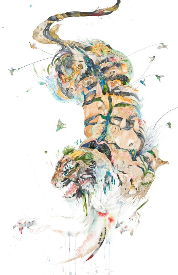 Colorful watercolor painting by Laura Ball of a leaping Siberian tiger. The tiger’s body is made of flora and fauna weaving together, and hummingbirds are bursting from it.