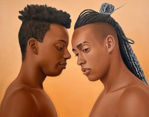 side view of two men of color, one tenderly looking at the other, the other looking away