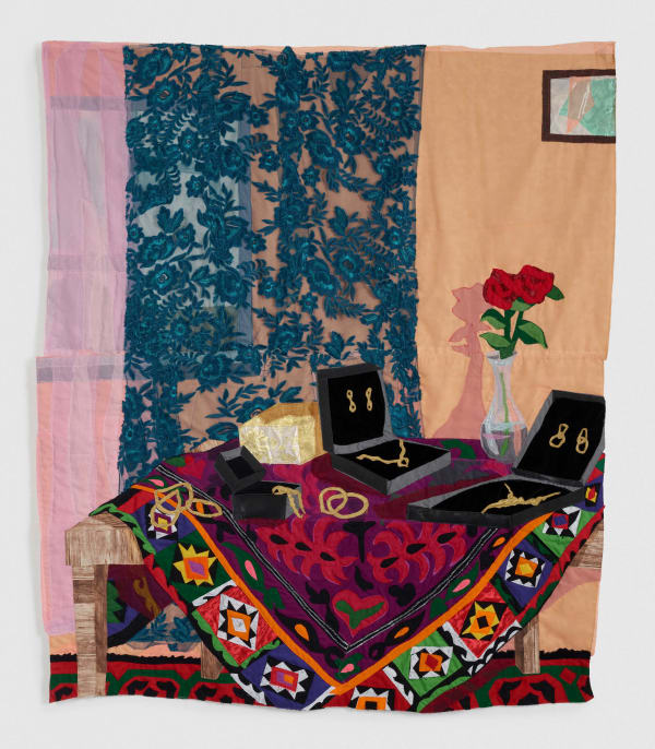 Hangama Amiri, Still-Life with Jewelry Boxes and Red Roses, 2022