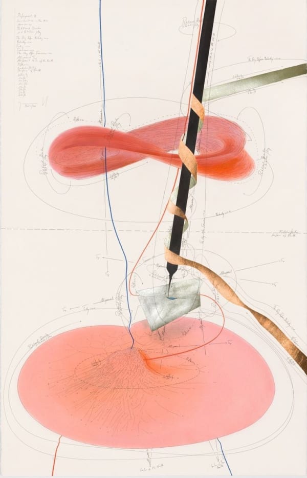 Jorinde Voigt Defragment II - Considerations in the Now, 2016 ink, copper leaf, gold leaf, oil pastel, pastel, pencil on paper 40 1/4 x 26 in (102 x 66 cm) framed: 43 3/8 x 29 5/8 x 1 3/4 in (110.1 x 75.3 x 4.5 cm)