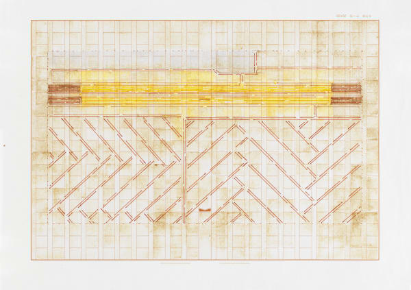 Julia Fish Threshold, Trace 3 – after Apparition, Hermitage spectrum - yellow, SouthEast – one, 2025 Japanese printed tablet paper with archival pen, ink / hand-stamped, unique 8 1/4 x 11 5/8 in (21 x 29.5 cm) framed: 11 3/8 x 14 5/8 in (28.9 x 37.1 cm)